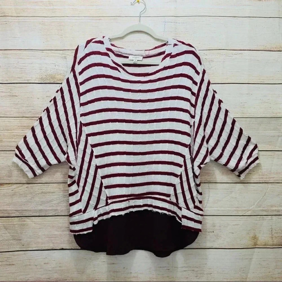 Umgee Stripe Dolman Knit Blouse Raw Edge Maroon - Picture 1 of 13